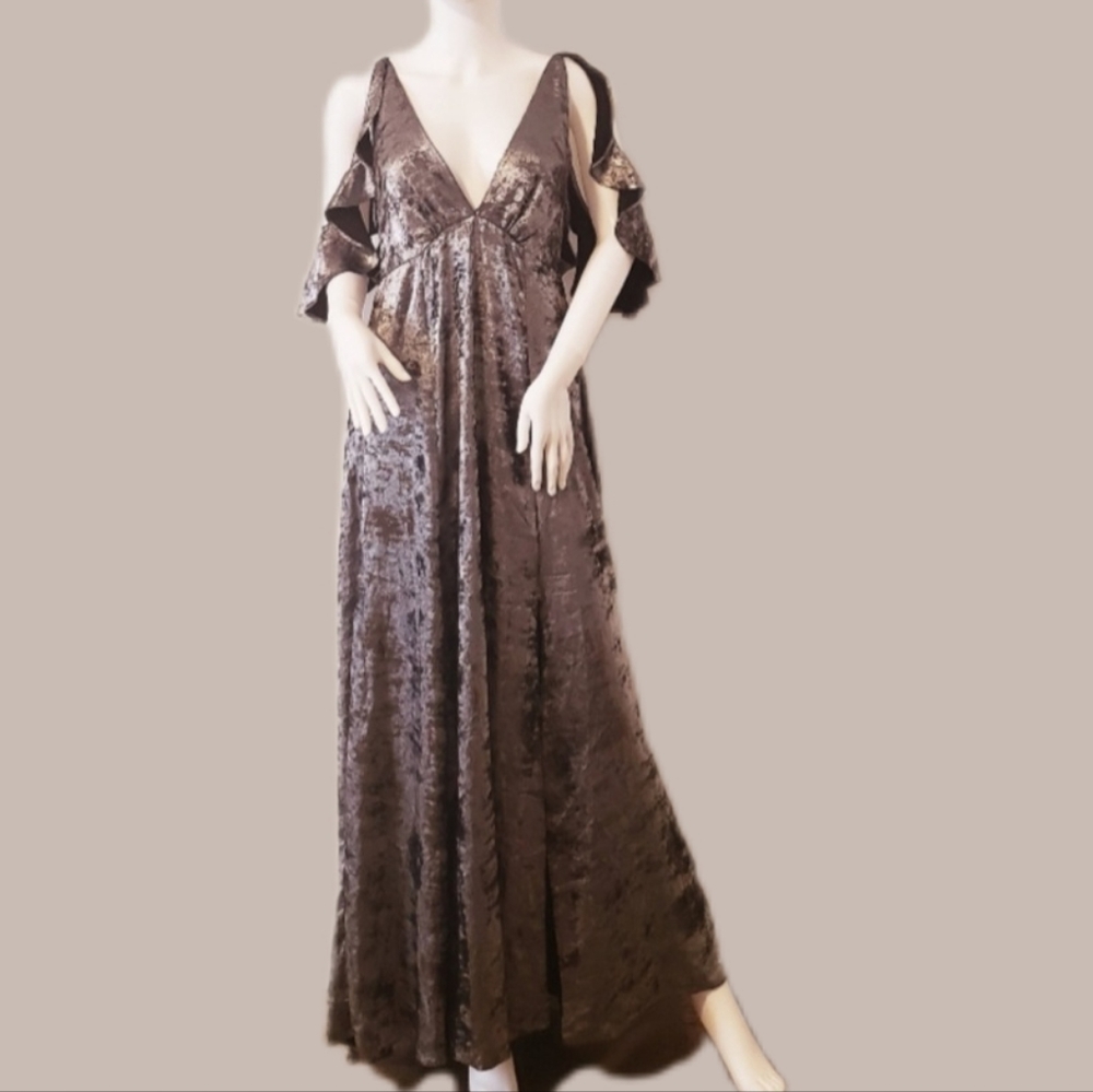 TOP SHOP Crushed Pewter Velvet LG. C/S Slit Dress-8-New